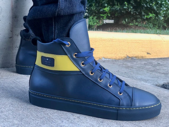 Artiz Lee Shoe made in Italy with rich oceania blue leather and yellow canary leather and solid rubber soles with its own custom-made as well designed by Robert Pillow IV magnetic box